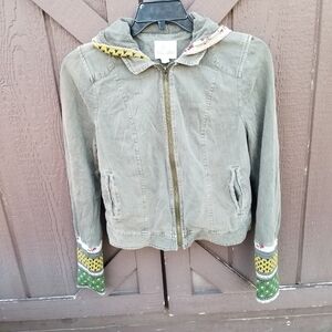Others Follow Hooded Olive Green Khaki Hooded Knit Trimmed Boho Cropped Jacket